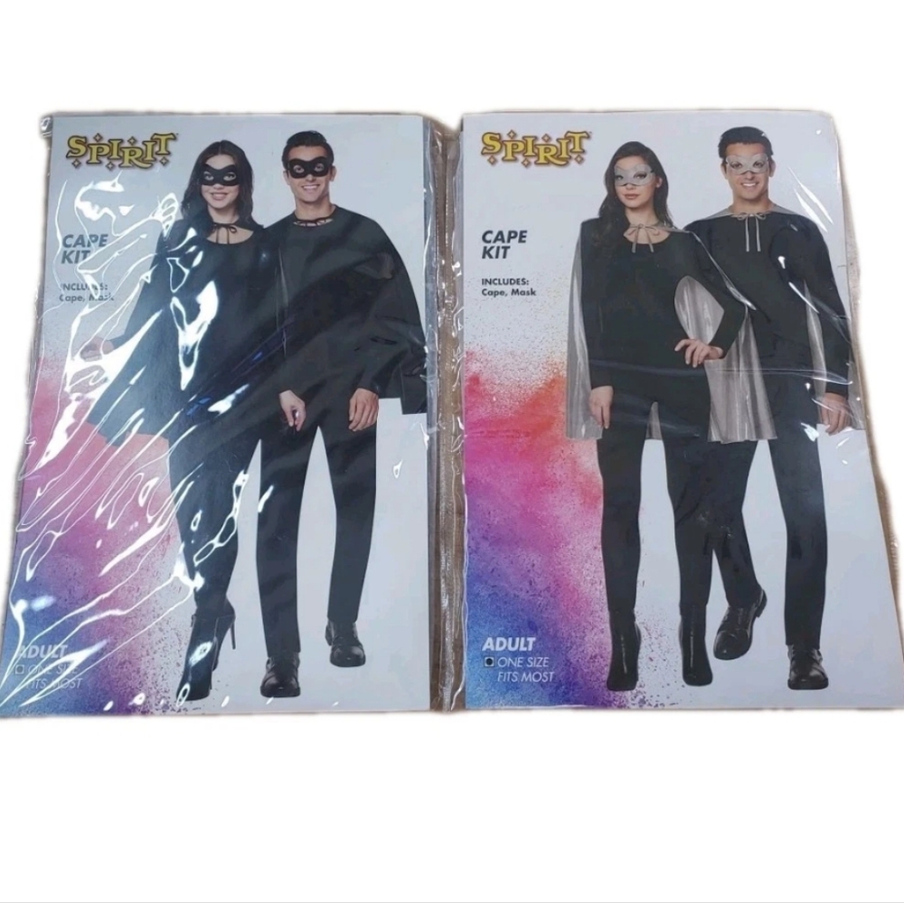 Spirit Halloween 2 Mask Cape Kits Cosplay Costume Party Black & Silver Adult New